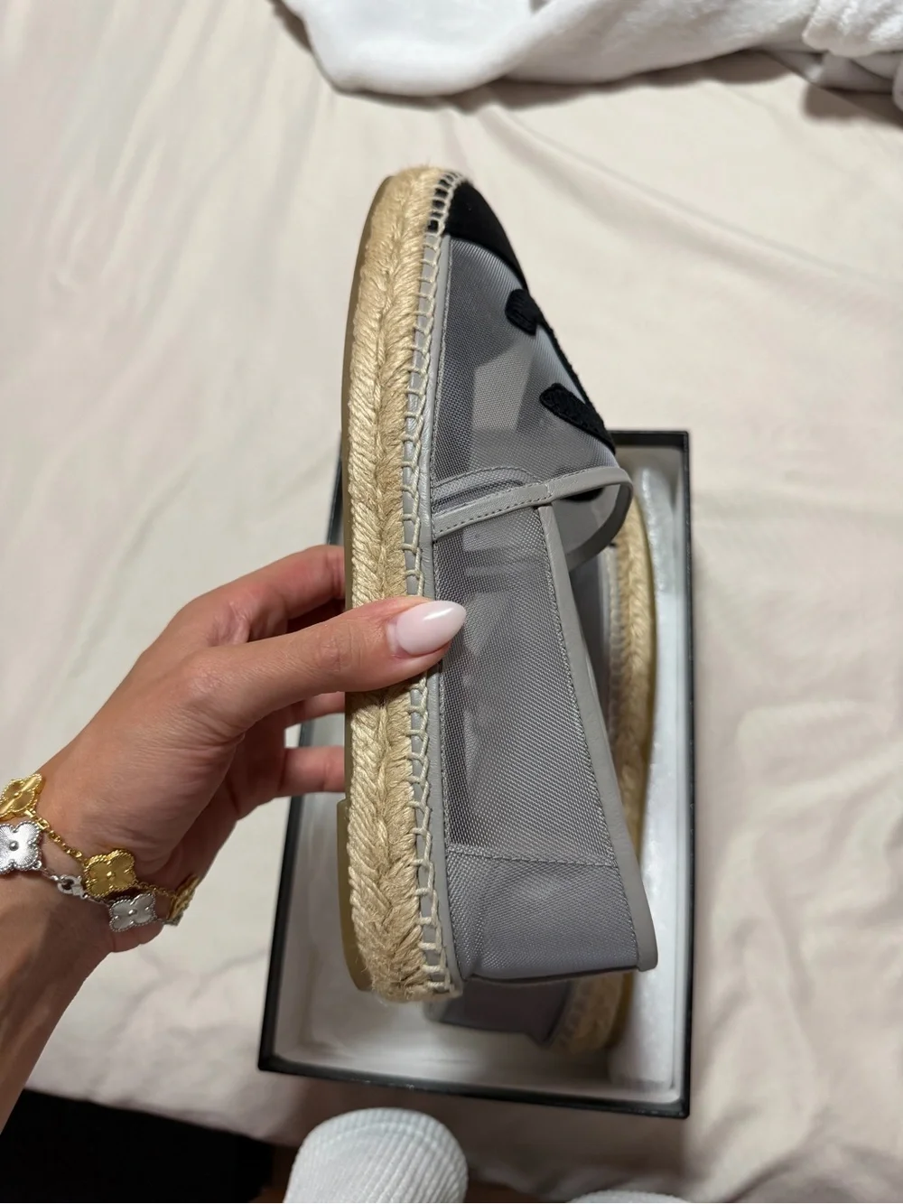 AUTHENTIC CHANEL Black & Gray Mesh Espadrilles with Jute Sole
